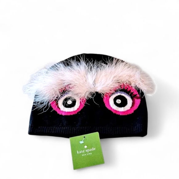 Kate Spade Monster Beanie Knit Hat Black Pink Faux Fur NWT - Picture 1 of 5